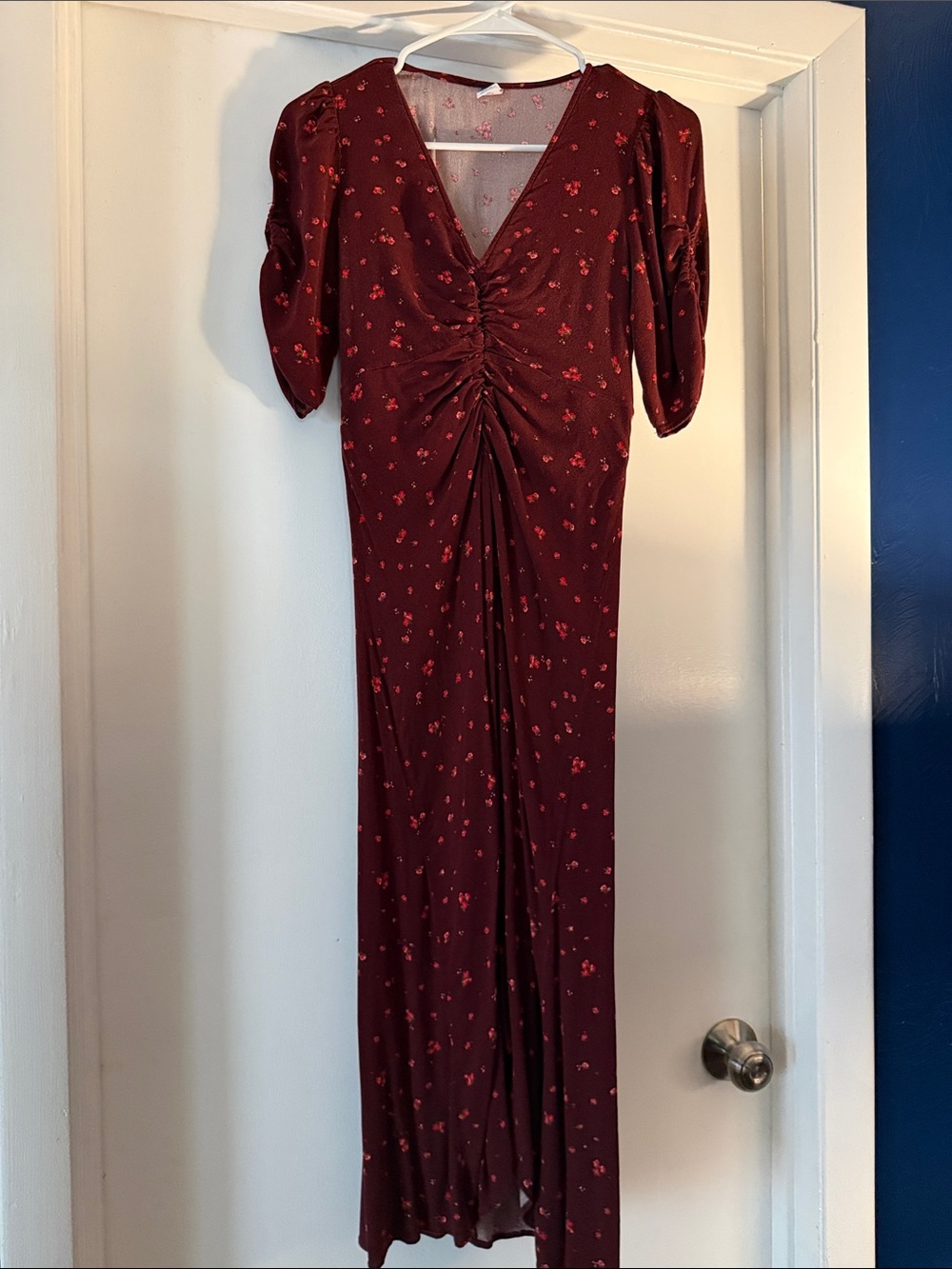 Ruched V-Neck Burgundy Floral Midi/Slight High-Low Dress, Size XSmall